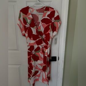 Nine West Red and Coral Floral Wrap-Style Midi Dress